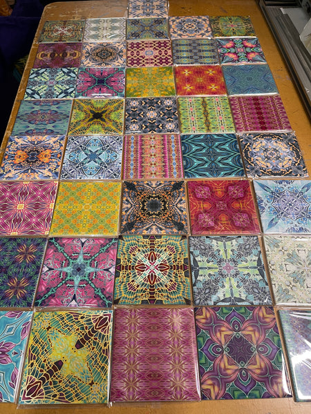 Fabulously eclectic colourful bohemian opulent patterned mix of ceramic tiles designed and made by Meikie chosen by The Making House. Bathroom makeover. Kitchen renovation. Utility room design. Bright bold decor.