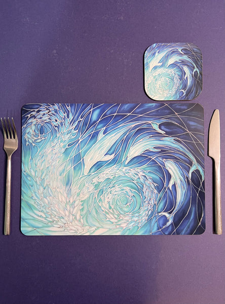 Blue Dolphin rectangular table mats and matching coasters - hard wearing durable mats - 32x23cm placemats in blue and aqua -gift for dolphin lovers and lovers of the sea and ocean.