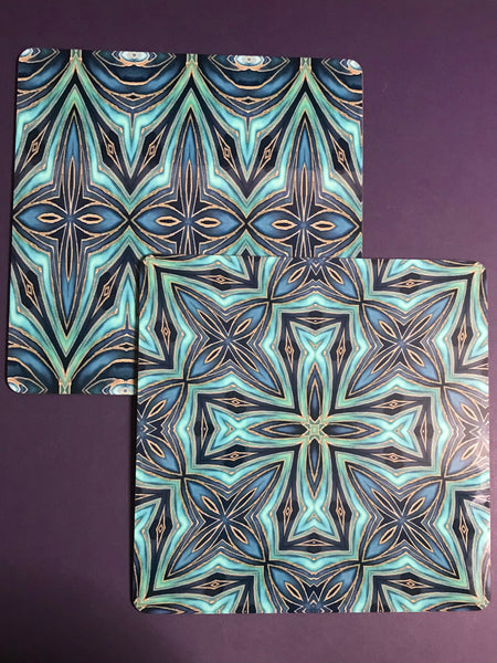 Teal Blue Geometric Fusion Square Table Mats & Coasters - Place