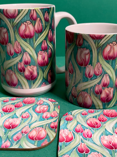 Extra Large Tulips Mug. Pink Green mugs in BIG & standard sizes.  mug & coaster box set. nature lovers gift set. Gardeners gift. flower lovers gift. gift for him. gift for teacher. gift for her. tea coffee lovers gift.