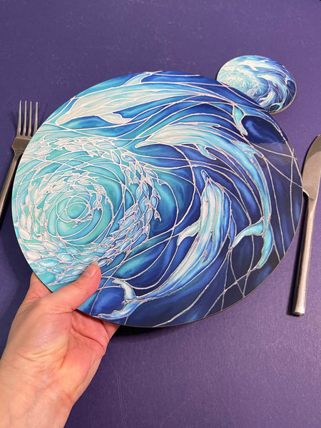 Blue Dolphin round table mats and matching coasters - hard wearing durable mats - 28cm circular placemats in blue and aqua -gift for dolphin lovers and lovers of the sea and ocean.