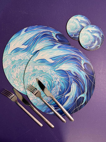 Blue Dolphin round table mats and matching coasters - hard wearing durable mats - 28cm circular placemats in blue and aqua -gift for dolphin lovers and lovers of the sea and ocean.
