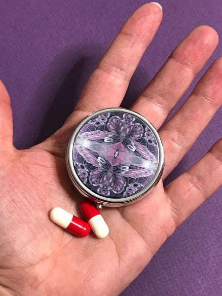 Goth Punk Purple Black Butterflies Pill Box - Round Medicine Box - Stud Earing Jewellery Box