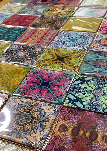 Fabulously eclectic colourful bohemian opulent patterned mix of ceramic tiles designed and made by Meikie chosen by The Making House. Bathroom makeover. Kitchen renovation. Utility room design. Bright bold decor.