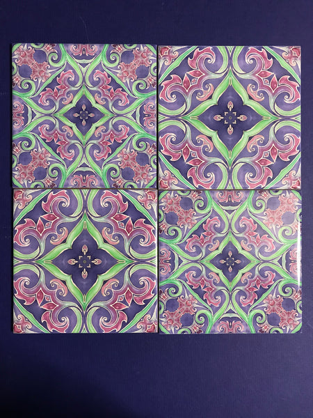 Italian Style Flowers Mixed Tiles Set - Blue Green Pink Tiles - Beautiful Bohemian Tiles