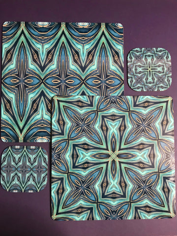 Teal Blue Geometric Fusion Square Table Mats & Coasters - Place