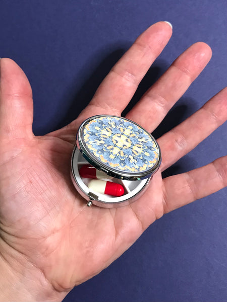 Pretty Soft  Grey Primrose Yellow Butterfly Moth Pill Box - Cool Round Medicine Box - Stud Earing Jewellery Box - Mint Butterflies