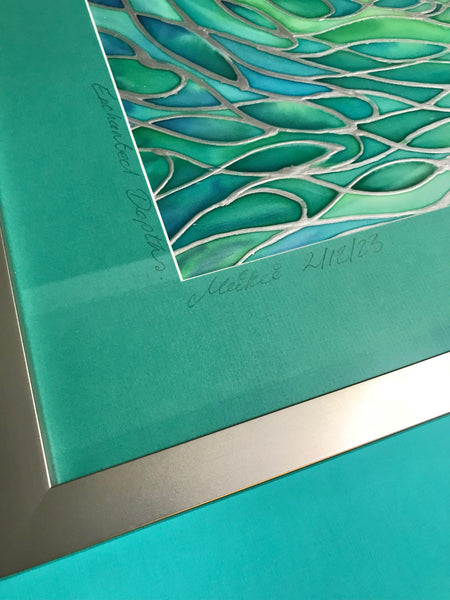 Sea Green Lime Aqua ‘Enchanted Depths’ Mesmerising Shoal Silk Painting - hand painted silk Sparkling  Shoal