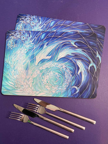 Blue Dolphin rectangular table mats and matching coasters - hard wearing durable mats - 32x23cm placemats in blue and aqua -gift for dolphin lovers and lovers of the sea and ocean.