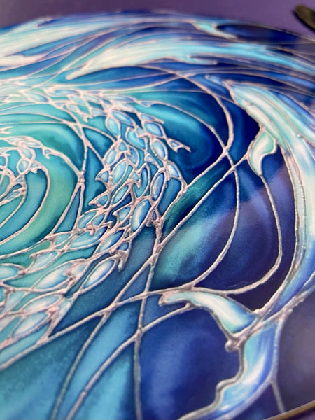 Blue Dolphin round table mats and matching coasters - hard wearing durable mats - 28cm circular placemats in blue and aqua -gift for dolphin lovers and lovers of the sea and ocean.