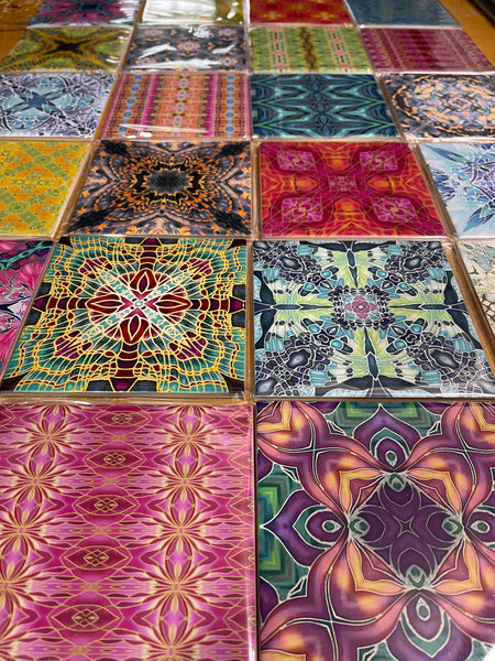 Fabulously eclectic colourful bohemian opulent patterned mix of ceramic tiles designed and made by Meikie chosen by The Making House. Bathroom makeover. Kitchen renovation. Utility room design. Bright bold decor.