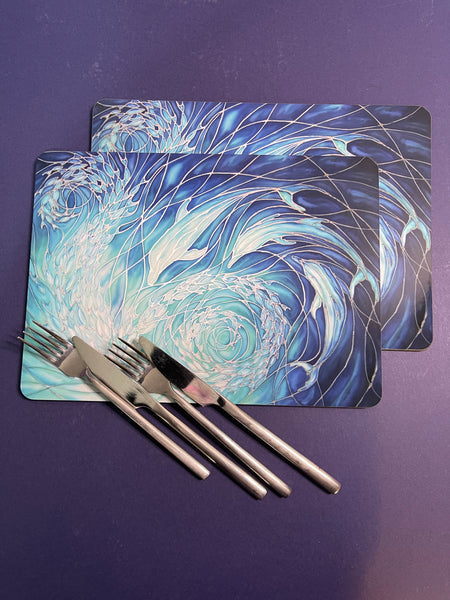 Blue Dolphin rectangular table mats and matching coasters - hard wearing durable mats - 32x23cm placemats in blue and aqua -gift for dolphin lovers and lovers of the sea and ocean.