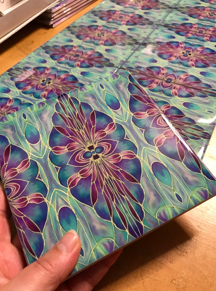 Persian Orchid Tiles -Turquouse Blue Purple Lilac Tiles  - Bohemian Nouveau Ceramic Hand Printed Tiles
