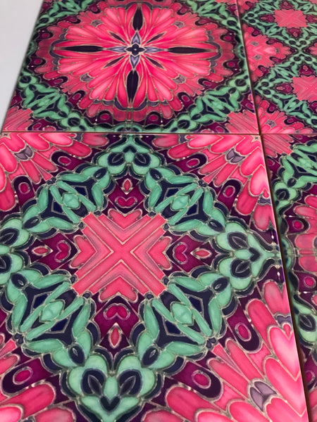 pink pop hand printed tiles. vibrant warm pink, purple and aqua green patterned colourful tiles to create the wow factor in your, bathroom, kitchen or utility room. pink bathroom makeover, bold pink kitchen interior design.