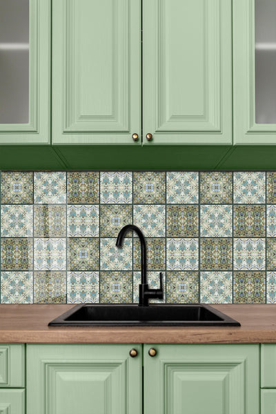 Nouveau Style Teal & Sage Green Butterfly Tiles - Beautiful Tranquil Kitchen or Bayhroom Ceramic hand printed  Tiles