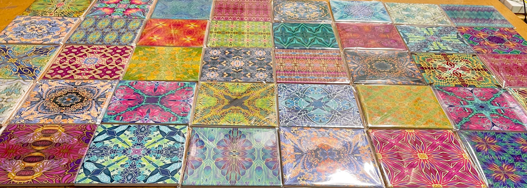 Fabulously eclectic colourful bohemian opulent patterned mix of ceramic tiles designed and made by Meikie chosen by The Making House. Bathroom makeover. Kitchen renovation. Utility room design. Bright bold decor.