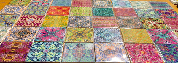 Fabulously eclectic colourful bohemian opulent patterned mix of ceramic tiles designed and made by Meikie chosen by The Making House. Bathroom makeover. Kitchen renovation. Utility room design. Bright bold decor.