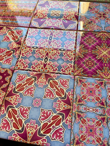 Pink Sunset Inspired Set of 20 Ceramic Tiles - Bohemian Blue Pink and Gold Warm Gentle Bohemian Kitchen Tiles