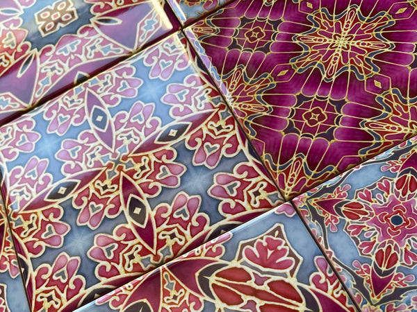Pink Sunset Inspired Set of 20 Ceramic Tiles - Bohemian Blue Pink and Gold Warm Gentle Bohemian Kitchen Tiles