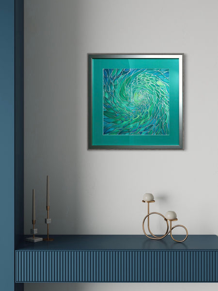 Sea Green Lime Aqua ‘Enchanted Depths’ Mesmerising Shoal Silk Painting - hand painted silk Sparkling  Shoal