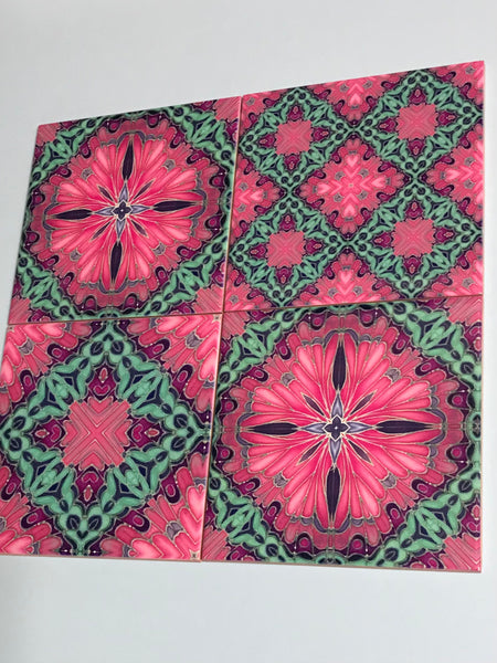 pink pop hand printed tiles. vibrant warm pink, purple and aqua green patterned colourful tiles to create the wow factor in your, bathroom, kitchen or utility room. pink bathroom makeover, bold pink kitchen interior design.