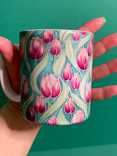 Extra Large Tulips Mug. Pink Green mugs in BIG & standard sizes.  mug & coaster box set. nature lovers gift set. Gardeners gift. flower lovers gift. gift for him. gift for teacher. gift for her. tea coffee lovers gift.