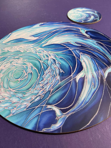Blue Dolphin round table mats and matching coasters - hard wearing durable mats - 28cm circular placemats in blue and aqua -gift for dolphin lovers and lovers of the sea and ocean.