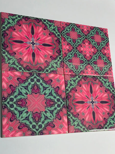 pink pop hand printed tiles. vibrant warm pink, purple and aqua green patterned colourful tiles to create the wow factor in your, bathroom, kitchen or utility room. pink bathroom makeover, bold pink kitchen interior design.