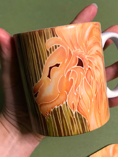Golden Lion Mug & Coaster - Mighty Lion Mug Box Set - Green Gold Yellow - Wildlife Lovers Mug Gift