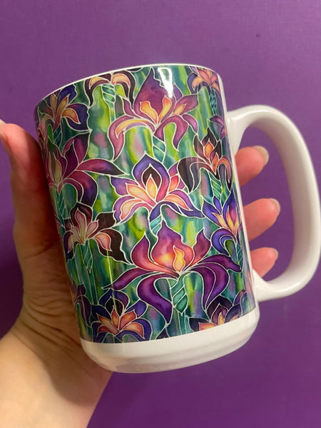 Extra Large Irises Mug. Purple. Pink Green mugs in BIG & standard sizes.  mug & coaster box set. nature lovers gift set. Gardeners gift. flower lovers gift. gift for him. gift for teacher. gift for her. tea coffee lovers gift.