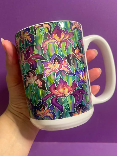 Extra Large Irises Mug. Purple. Pink Green mugs in BIG & standard sizes.  mug & coaster box set. nature lovers gift set. Gardeners gift. flower lovers gift. gift for him. gift for teacher. gift for her. tea coffee lovers gift.