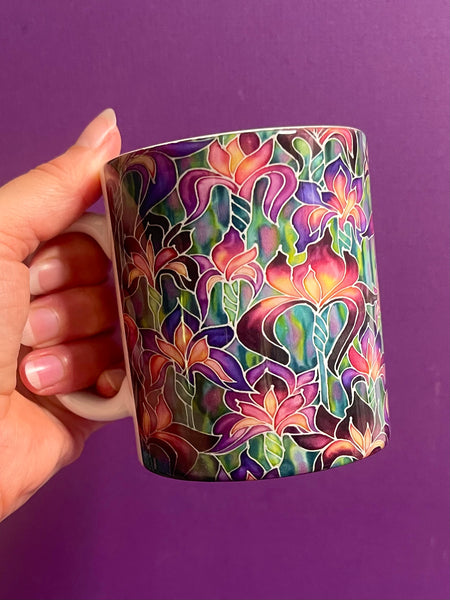 Extra Large Irises Mug. Purple. Pink Green mugs in BIG & standard sizes.  mug & coaster box set. nature lovers gift set. Gardeners gift. flower lovers gift. gift for him. gift for teacher. gift for her. tea coffee lovers gift.