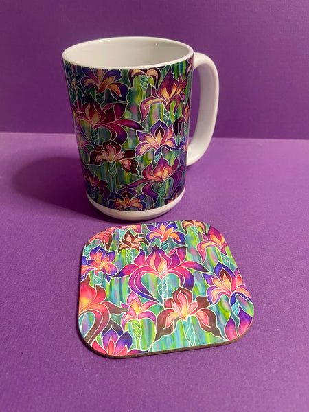 Extra Large Irises Mug. Purple. Pink Green mugs in BIG & standard sizes.  mug & coaster box set. nature lovers gift set. Gardeners gift. flower lovers gift. gift for him. gift for teacher. gift for her. tea coffee lovers gift.