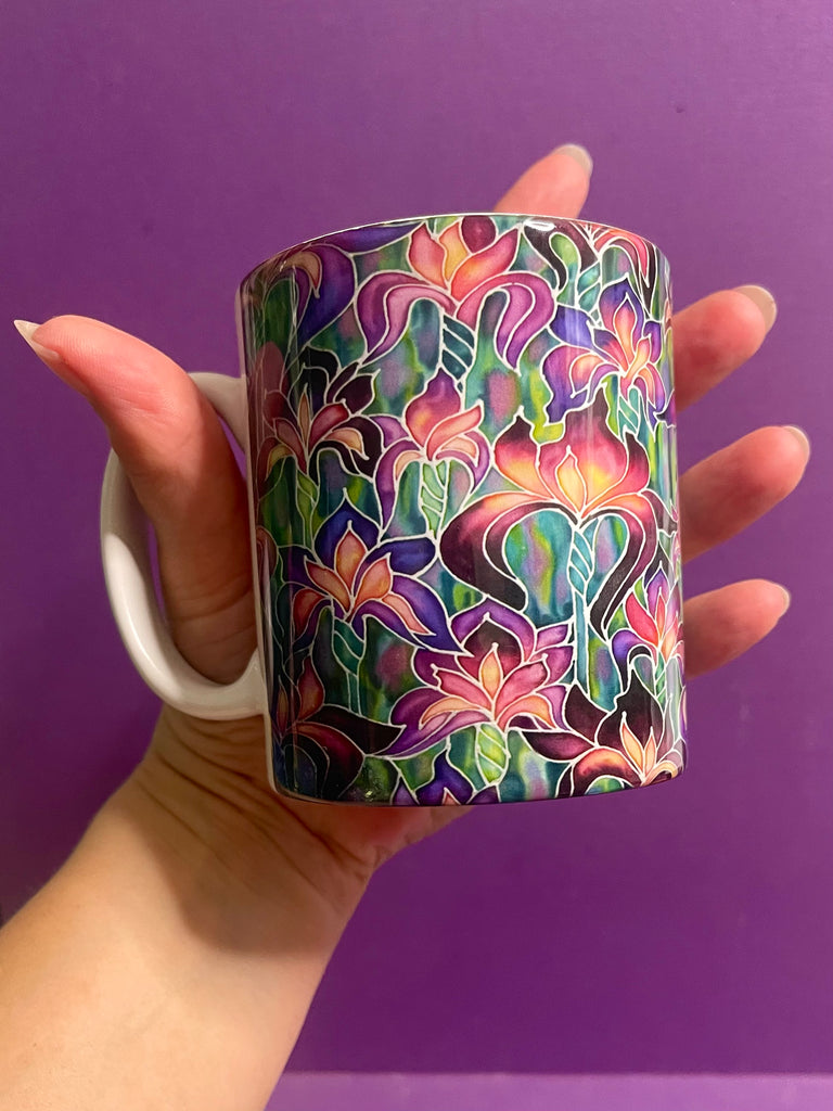 Extra Large Irises Mug. Purple. Pink Green mugs in BIG & standard sizes.  mug & coaster box set. nature lovers gift set. Gardeners gift. flower lovers gift. gift for him. gift for teacher. gift for her. tea coffee lovers gift.