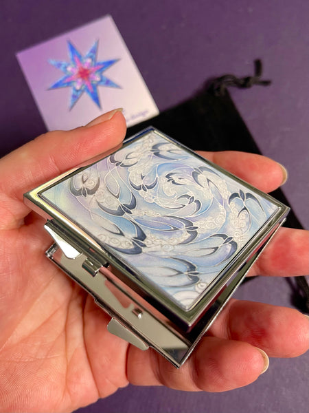 Blue Lilac Swallows & Clouds Pocket Mirror - Pretty Folding Compact Make Up Handbag Mirror - Gift for Her