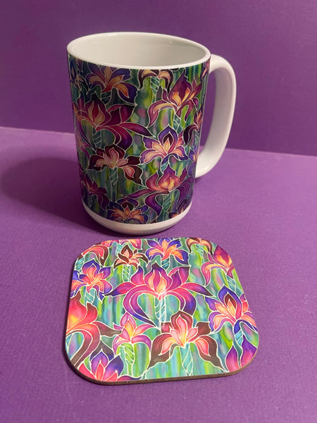 Extra Large Irises Mug. Purple. Pink Green mugs in BIG & standard sizes.  mug & coaster box set. nature lovers gift set. Gardeners gift. flower lovers gift. gift for him. gift for teacher. gift for her. tea coffee lovers gift.