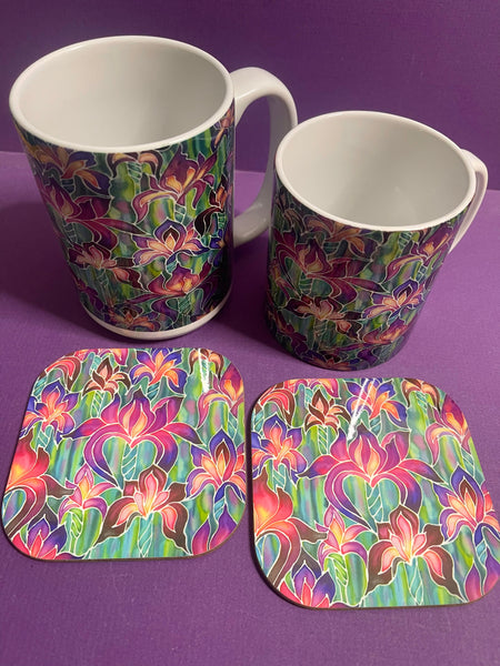 Extra Large Irises Mug. Purple. Pink Green mugs in BIG & standard sizes.  mug & coaster box set. nature lovers gift set. Gardeners gift. flower lovers gift. gift for him. gift for teacher. gift for her. tea coffee lovers gift.