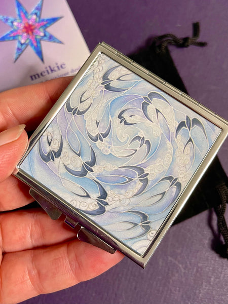 Blue Lilac Swallows & Clouds Pocket Mirror - Pretty Folding Compact Make Up Handbag Mirror - Gift for Her