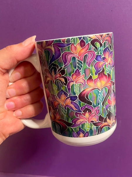 Extra Large Irises Mug. Purple. Pink Green mugs in BIG & standard sizes.  mug & coaster box set. nature lovers gift set. Gardeners gift. flower lovers gift. gift for him. gift for teacher. gift for her. tea coffee lovers gift.