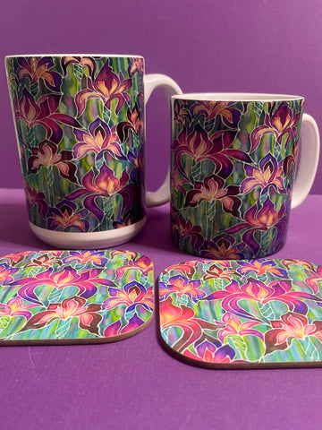 Extra Large Irises Mug. Purple. Pink Green mugs in BIG & standard sizes.  mug & coaster box set. nature lovers gift set. Gardeners gift. flower lovers gift. gift for him. gift for teacher. gift for her. tea coffee lovers gift.