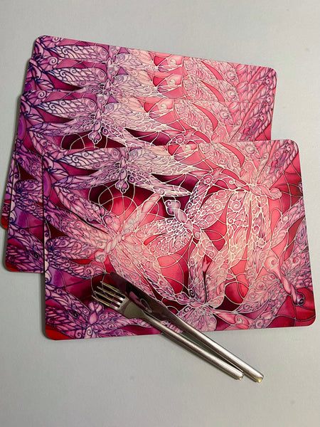 Dragonflies Placemats & Coasters - pink purple glass chopping boards - Round Table Mats