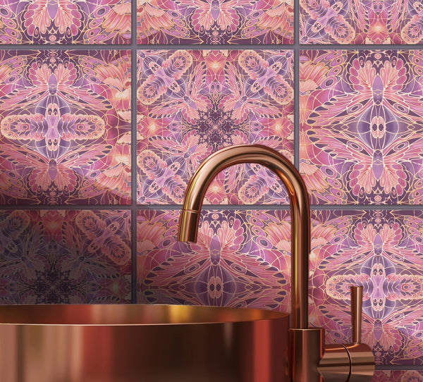 Blush Butterflies Mixed Set of Ceramic Tiles - Bohemian Pink Peach and Gold Warm Gentle Bohemian Kitchen Tiles