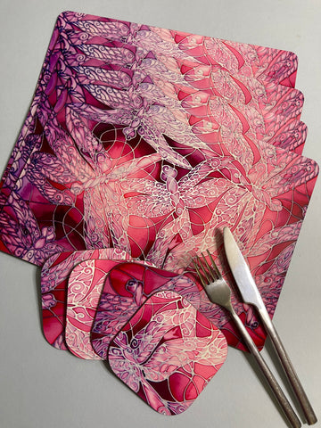 Dragonflies Placemats & Coasters - pink purple glass chopping boards - Round Table Mats