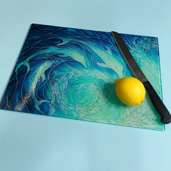 Blue Dolphin glass chopping board, platter, counter saver, trivet made of toughened glass - measures 28x38cm in blue and aqua -gift for dolphin lovers and lovers of the sea and ocean.