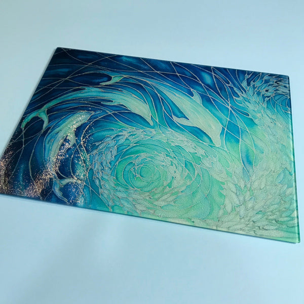 Blue Dolphin glass chopping board, platter, counter saver, trivet made of toughened glass - measures 28x38cm in blue and aqua -gift for dolphin lovers and lovers of the sea and ocean.
