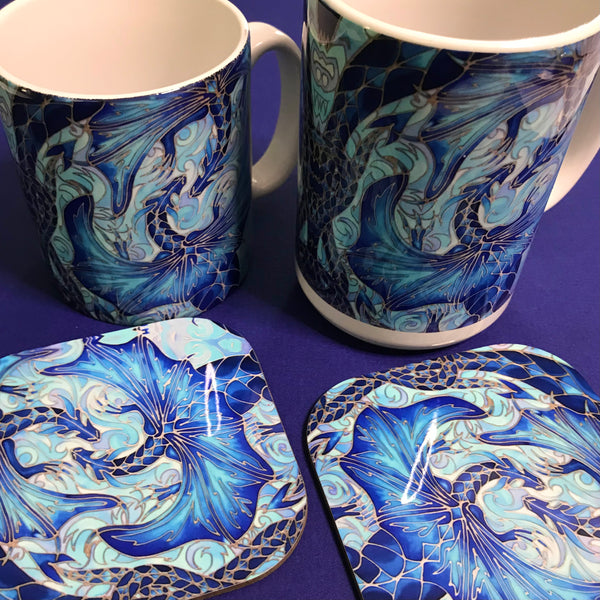 Extra Large Dragons Mug. Blue Aqua mugs in BIG & standard sizes.  mug & coaster box set. mythical magical creatures lovers gift set. Fantasy lovers gift. dolphin lovers gift. gift for him. gift for teacher. gift for her. tea coffee lovers gift.