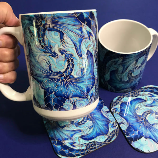 Extra Large Dragons Mug. Blue Aqua mugs in BIG & standard sizes.  mug & coaster box set. mythical magical creatures lovers gift set. Fantasy lovers gift. dolphin lovers gift. gift for him. gift for teacher. gift for her. tea coffee lovers gift.