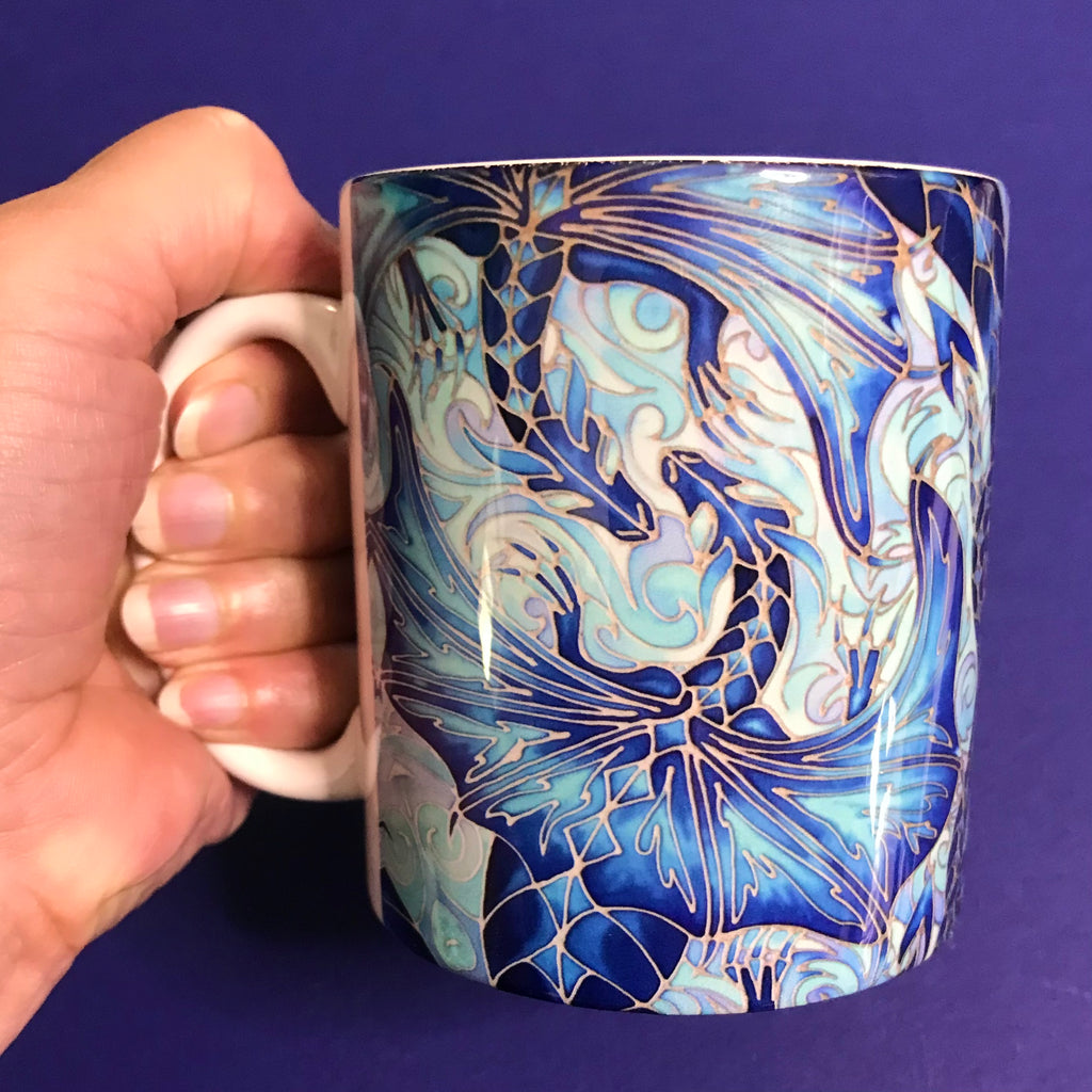 Extra Large Dragons Mug. Blue Aqua mugs in BIG & standard sizes.  mug & coaster box set. mythical magical creatures lovers gift set. Fantasy lovers gift. dolphin lovers gift. gift for him. gift for teacher. gift for her. tea coffee lovers gift.