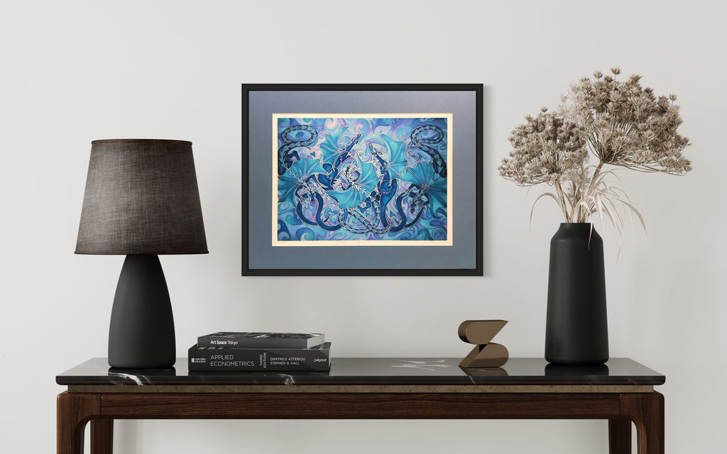 Magical Dragon Family Print - Mythical Creatures Art Print - Fiery Blue Dragons Print