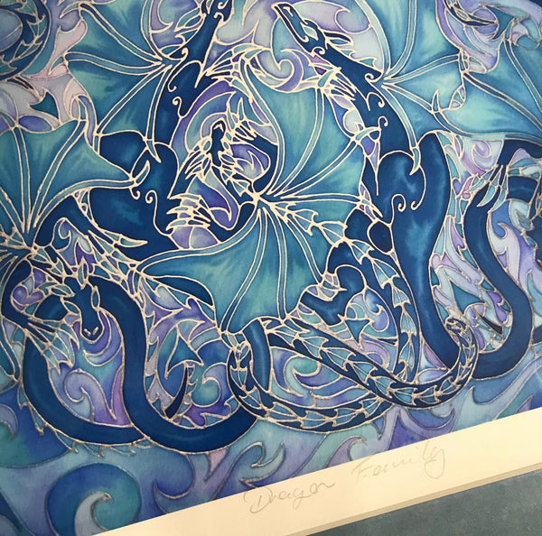 Magical Dragon Family Print - Mythical Creatures Art Print - Fiery Blue Dragons Print